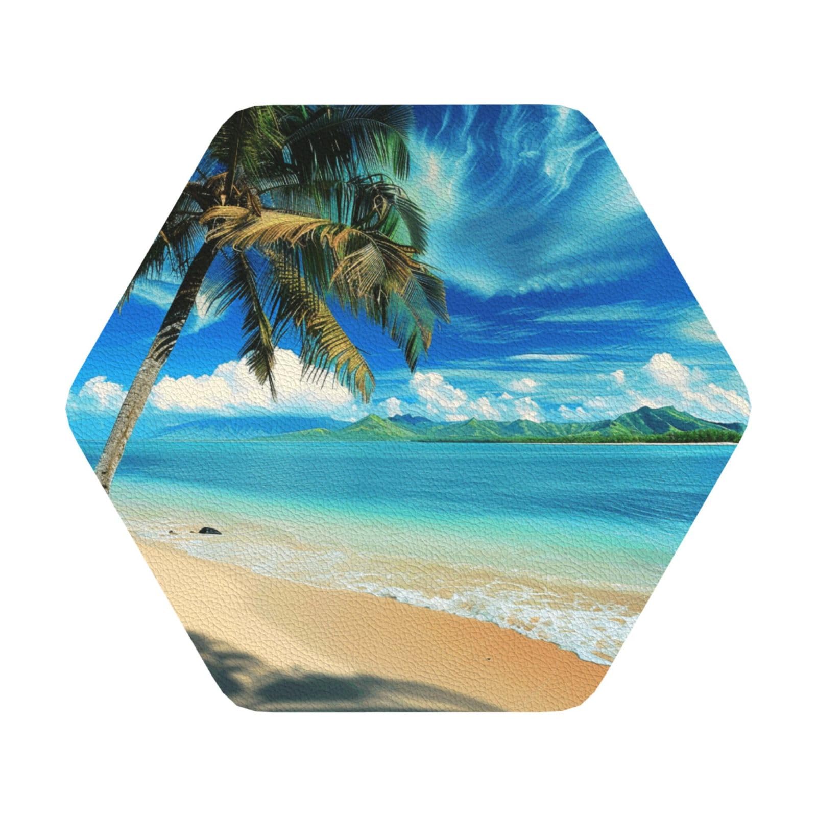 Tropical Palm Tree Hawaii Beach Print Leather Coaster Set of 6, Hexagon Coasters Table Decorative Coffee Cup Beverage Coasters Wine Beer Bar Coasters for Hot Drinks Table Protection