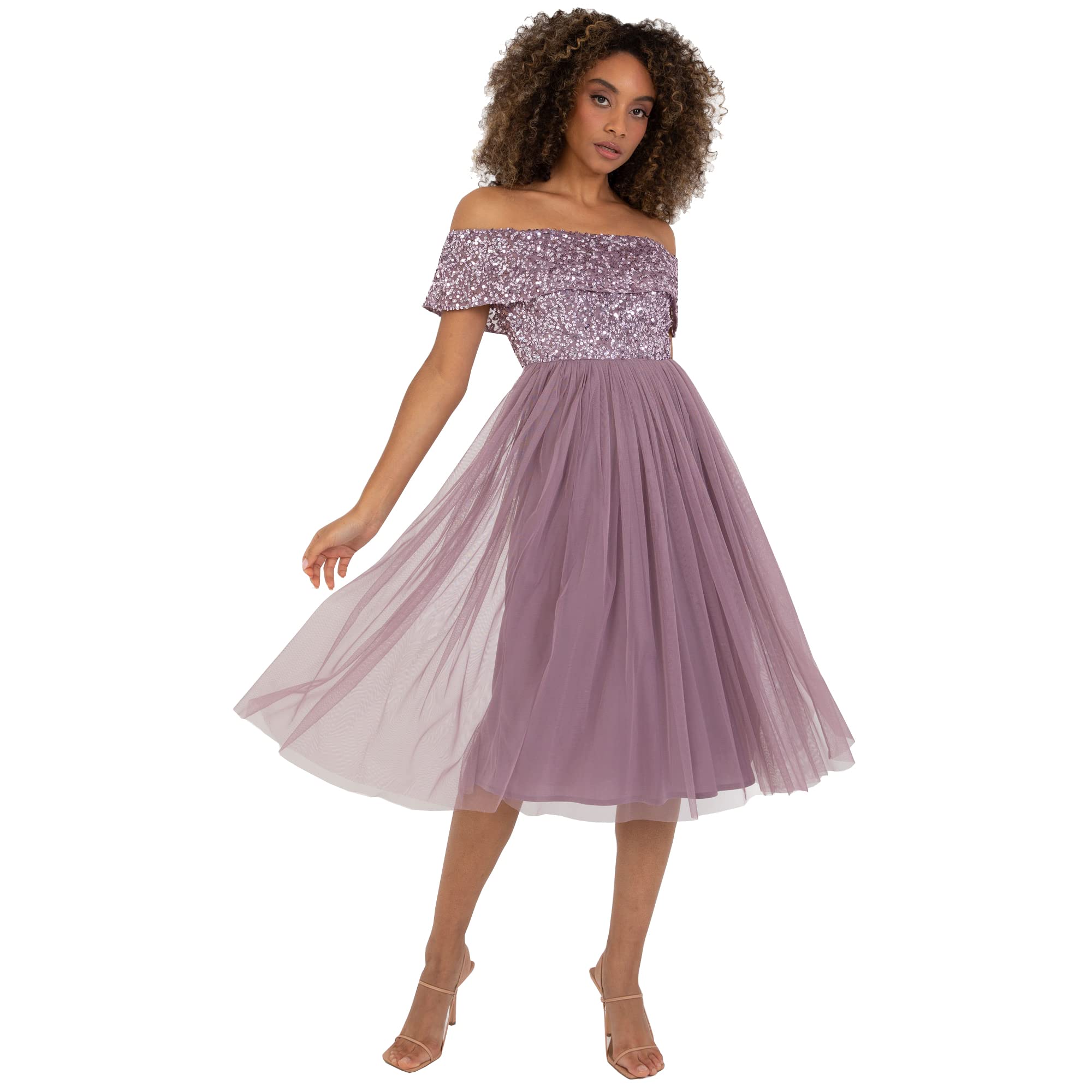 Maya Deluxe Women's Ladies Bardot Dresses Midi High Empire Waist Sequins Embellished Formal Evening for Wedding Guest Bridesmaid, Moody Lilac, 16