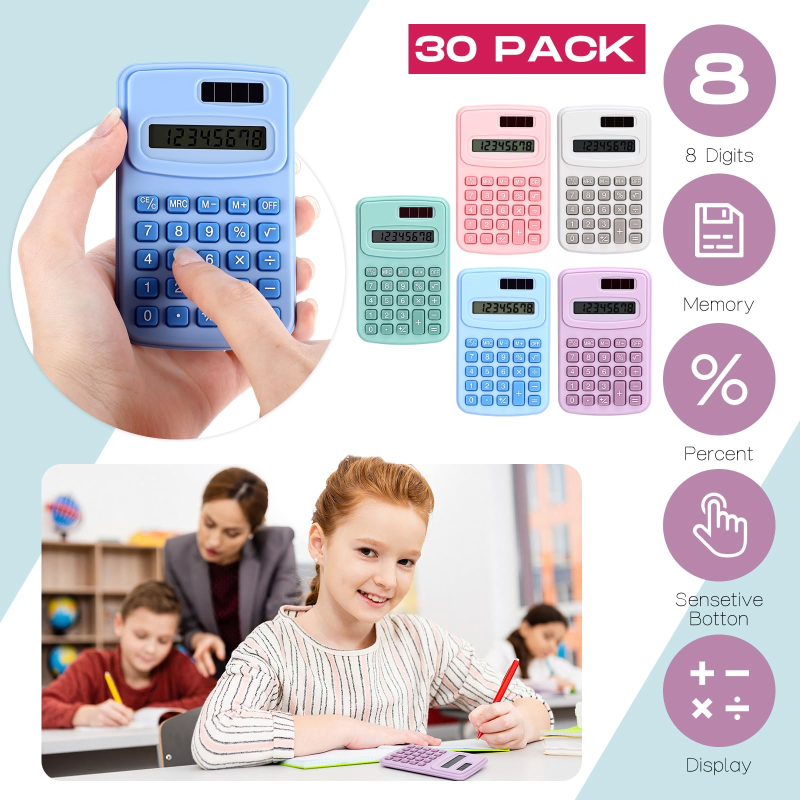 Chumia 50 calcolatrici tascabili di base, piccole, 4 funzioni, alimentate a batteria, per bambini, per studenti, scrivania, scuola elementare, casa, ufficio (macaron)