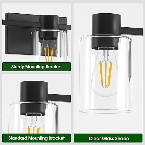 Miniatura 4 de Apliques de pared negros mate de 3 luces para baño, modernas lámparas de tocador sobre espejo, lámpara de pared con pantalla de vidrio transparente,