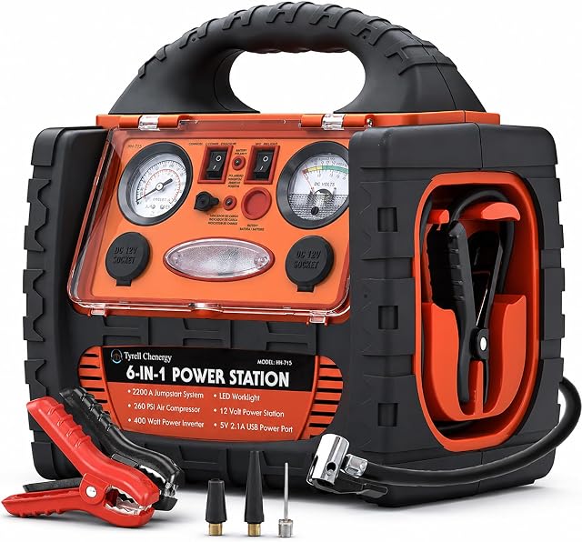 2200A Démarreur de saut booster batterie avec Air Gonflateur de pneus de voiture compresseur, Booster Pack avec 110V 400W Onduleur de puissance Dual AC/DC Ports,2.1A USB Port, 12V Boîte de saut, pince de saut