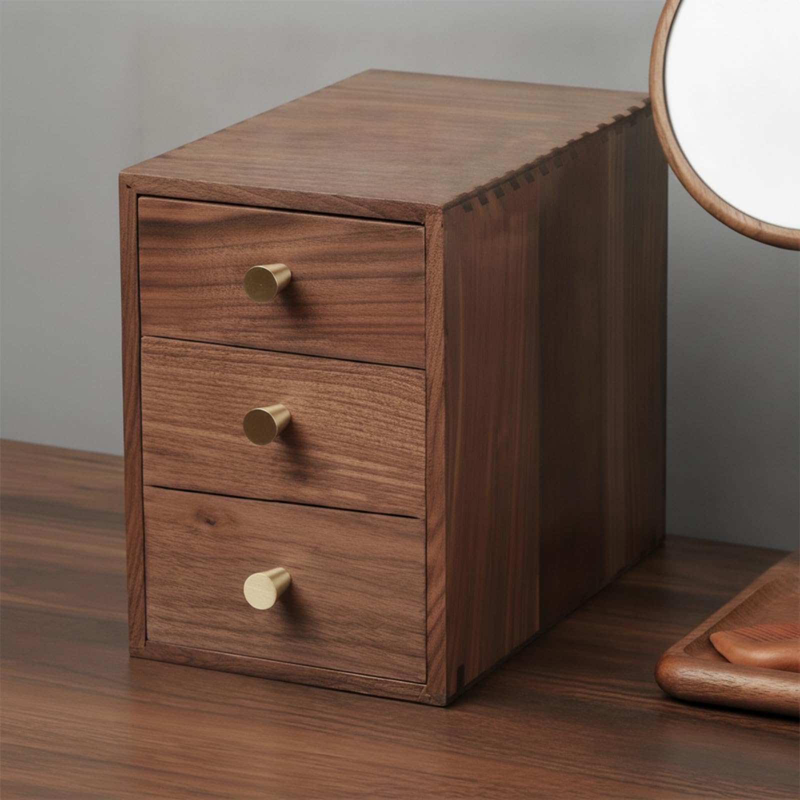 Schreibtisch-Organizer mit Schubladen platzsparend Organizer mit Schubladen praktisch Schubladenbox für Büro, Klein 13x23x20cm, Nordamerikanischer Schwarznussbaum Mit Konischem Griff