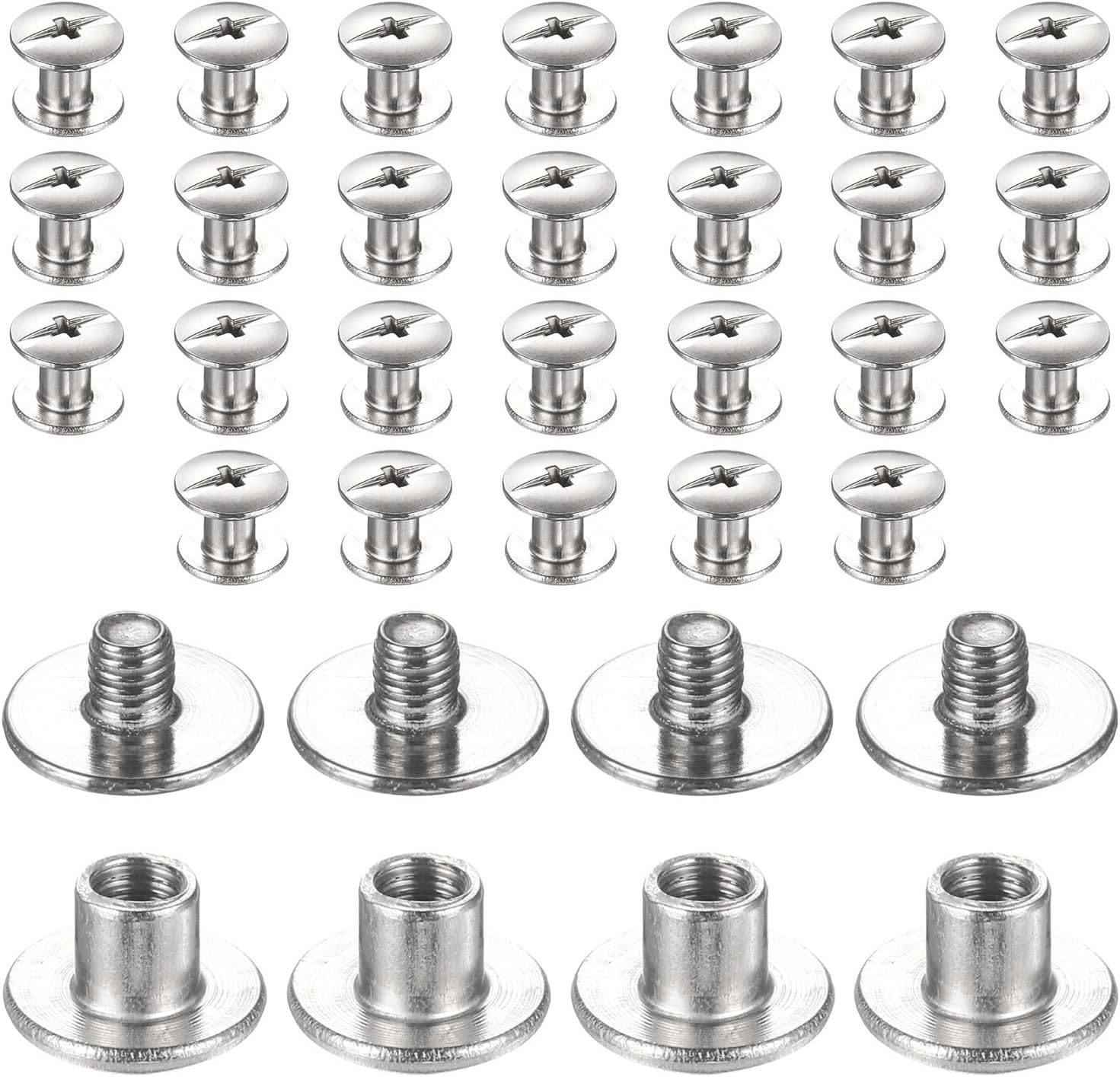 sourcing map 30set Chicago Screw M3x4mm 3mm Length Metal Phillips Nail Rivet Stud Bolts Rivets Binding Post Screw for DIY Leather Belt Bag Craft Bookbinding, Silver