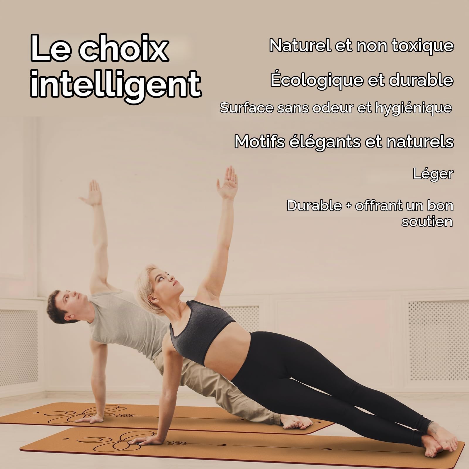 Tapis Yoga Liege Naturel 100% Tapis d'exercice Ecologique Haute Densité183X61X0.4Cm avec Sangle De Transport pour La Maison, Le Pilates,Le Gymnase Et L'Entraînement-Bordeaux-Libellules