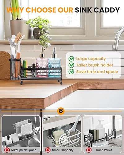 Miniatura 7 de ARTLEO Soporte para esponja de cocina, organizador de fregadero con soporte para cepillos de platos, soporte para cepillos de cocina a prueba de