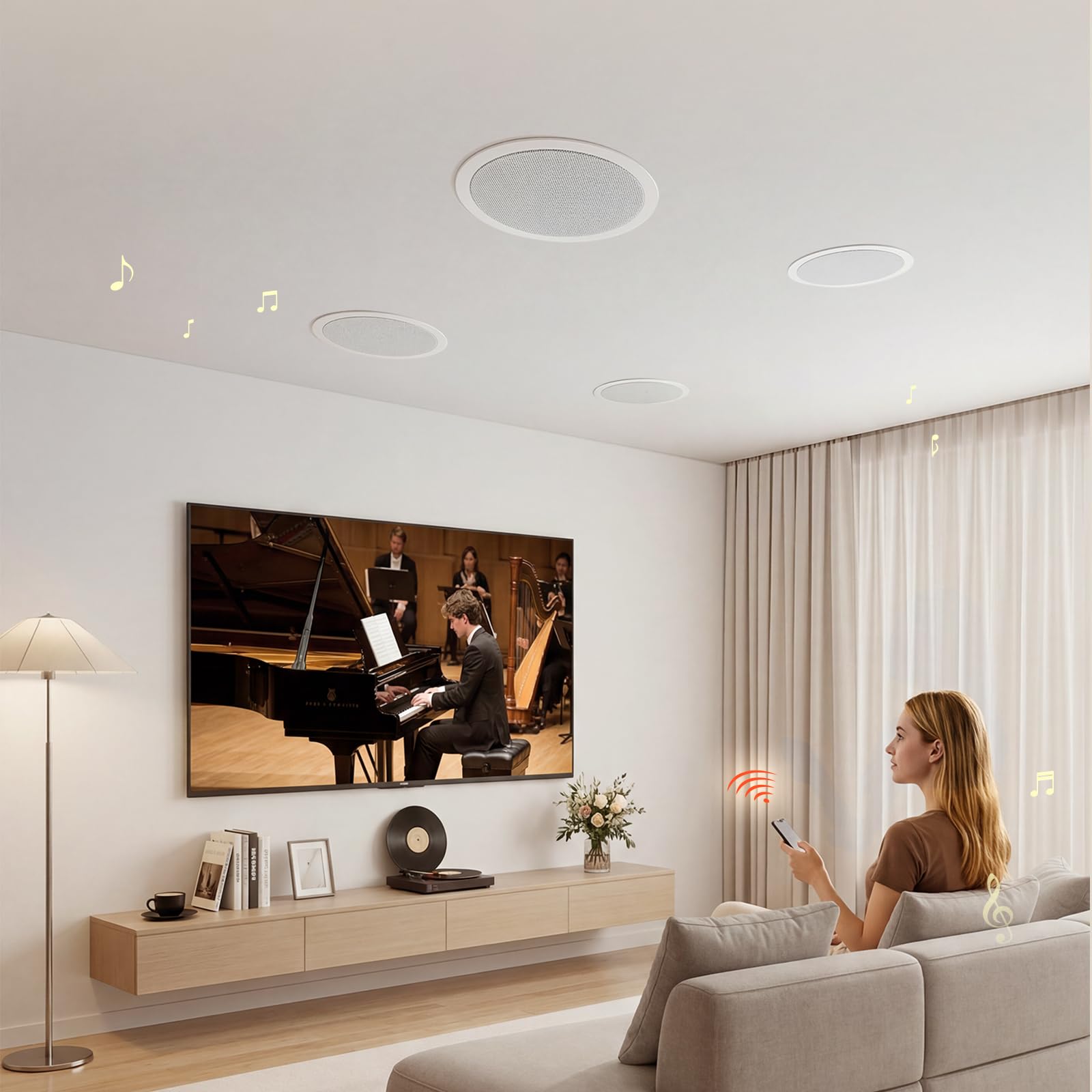 VEVOR Altavoces de Techo 165,1 mm 4 Piezas, Sistema de Altavoces para Techo con Amplificador y Bluetooth, Montaje Empotrado con Cable, para Sala de Estar, Cine en Casa, Comedor, Balcón Cubierto