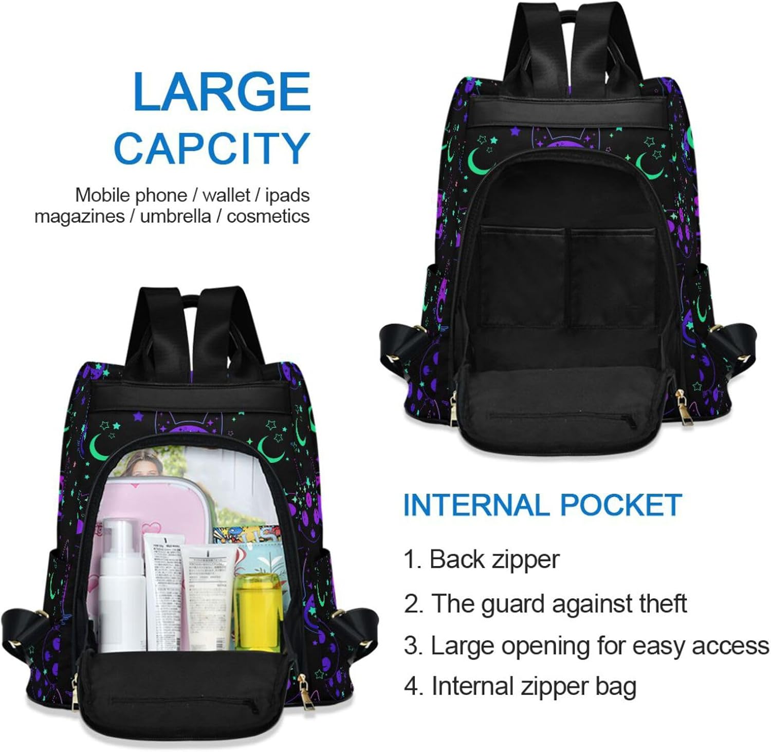 MNSRUU Women Backpack Purse Cat Skulls Backpack for Women Anti-theft Shoulder Bag Carry On Backpack Lightweight Rucksack Fashion Travel Ladies Bags - Image 5