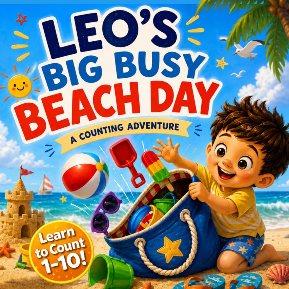 Leo's Big Busy Beach Day: A Personalized Counting Book for Toddlers Ages 1–3 | A Summer Beach Adventure for Little Boys (Three Hearts Personalized Baby Name Books (Leo))