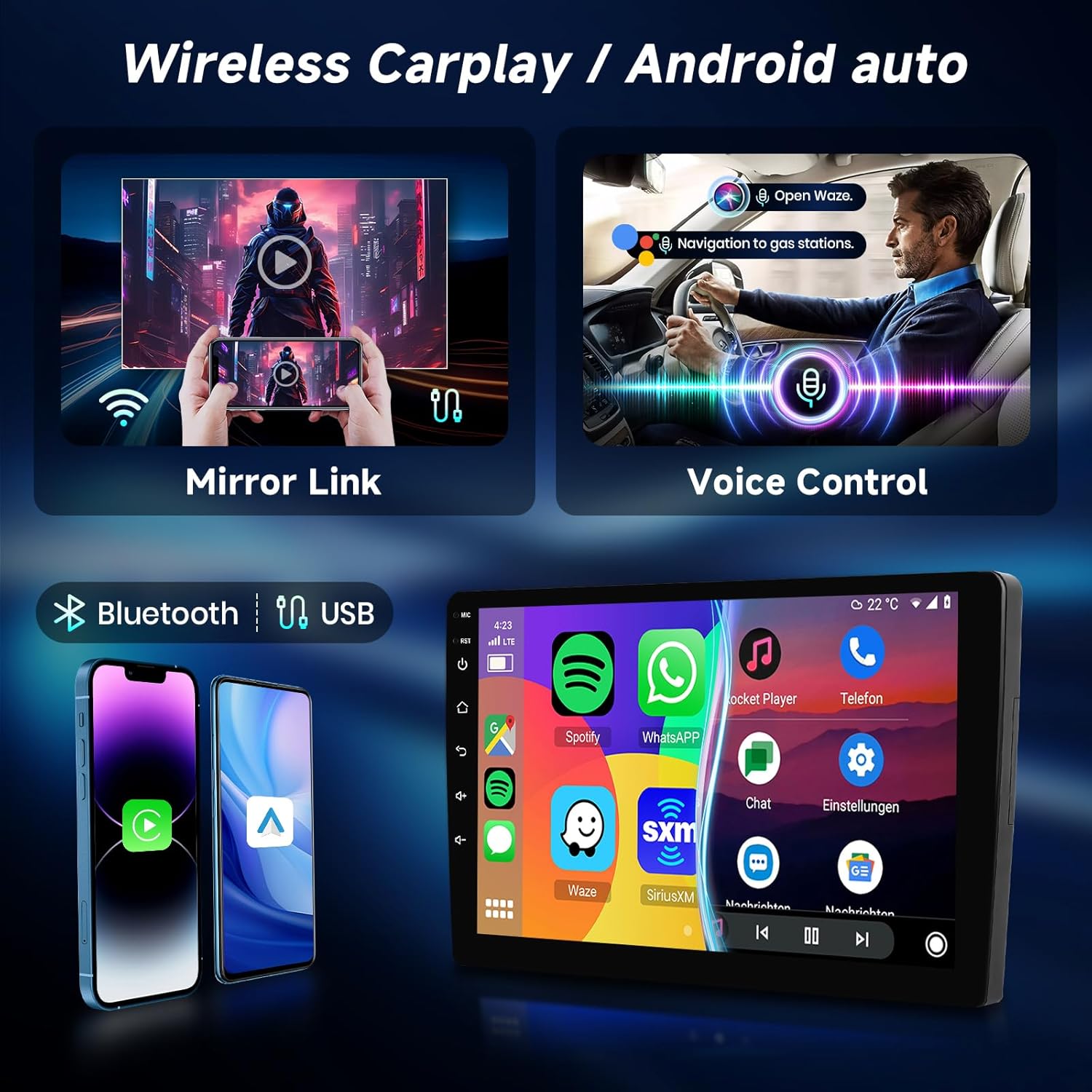 Image illustrating Wireless Carplay and Android Auto features, along with Mirror Link and Voice Control. A smartphone is shown connected wirelessly to the car stereo.