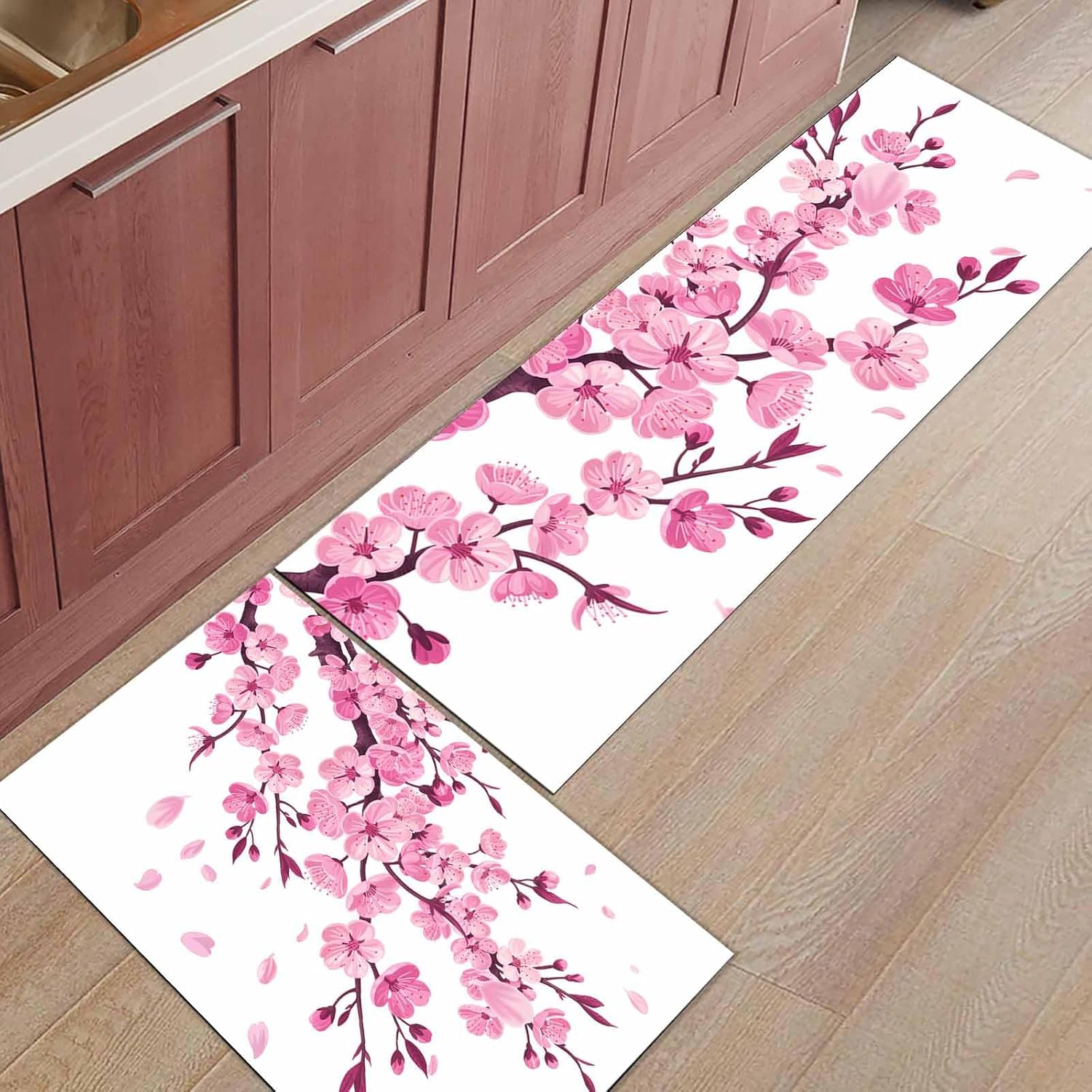 Runner Rugs, Cherry Blossoms Pink Peach Blossom Flower Spring Floral Print Non Slip Low Profile Hallway Runner Rug for Entryway Entrance Kitchen Laundry Room Bedroom, 15.7"X47.2"