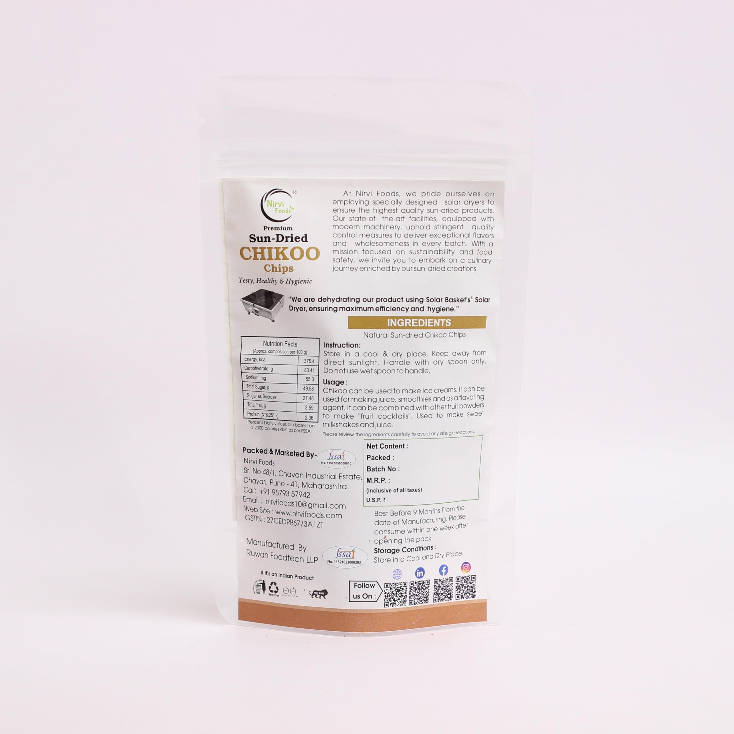 Nirvi Foods Sun-Dried Chikoo Chips- 100% Natural, Full of Energy, Gluten Free, Preservatives Free- Pack of 1 (75 gm each) 2