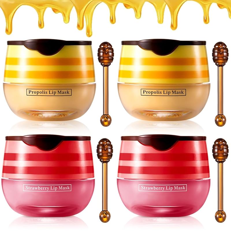 Bálsamo e máscara labial Qifylmaf com mel e morango, com vitamina E e própolis, conjunto com 4