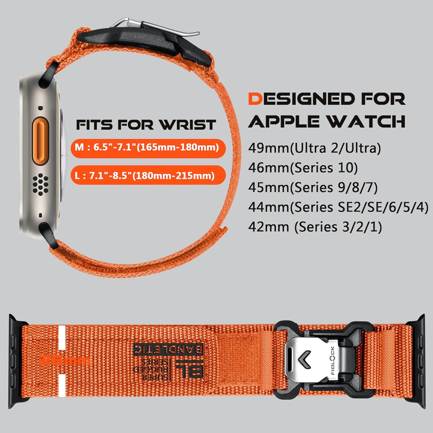 Bandletic Fidlock R-Nylon Magnetic Band + R-Steel Military Band Compatible with Apple Watch Ultra 2/Ultra Band 49mm/46mm/45mm/44mm/42mm(3/2/1)