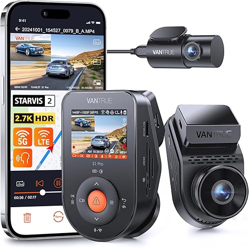 Vantrue S1 Pro Dual 1440P Dash Cam Front and Rear, Dash Camera w/2.7K, STARVIS 2, HDR Night Vision, 5G WiFi, 60FPS, Optional Remote Live View, GPS, Voice Control,24/7 Parking Mode, Support 512GB Max