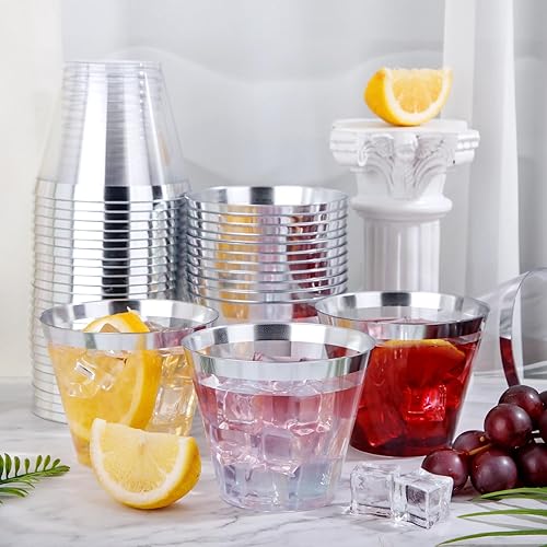 Miniatura 4 de Nervure 240 vasos de plástico plateados, vasos de plástico con borde plateado de 9 onzas, vasos de plástico resistentes con borde plateado,