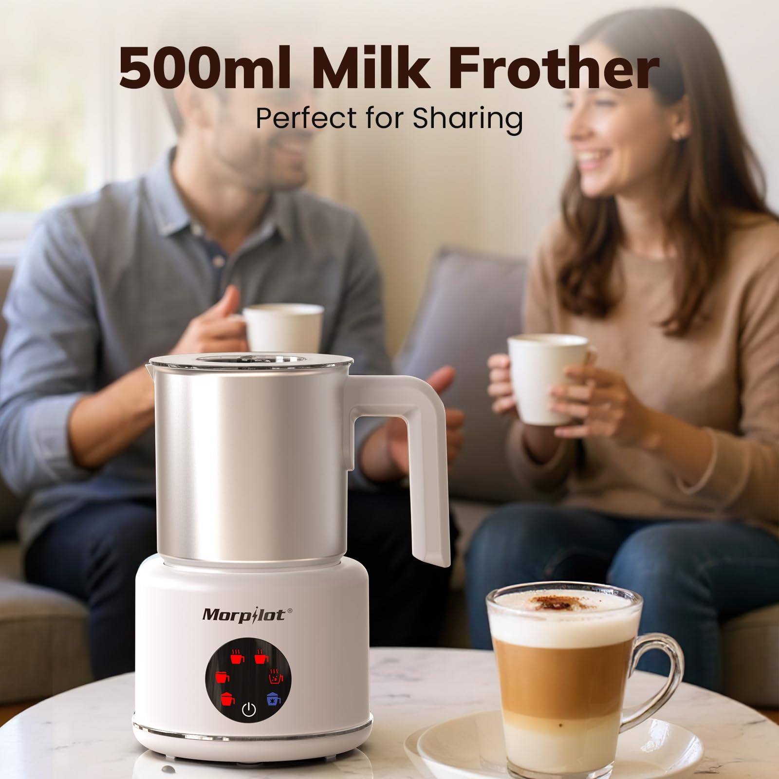 Morpilot Montalatte Elettrico, Milk Frother in Acciaio Inossidabile, 6 in 1 Funzione, Capacità 250ml Cappuccino o 500 ml Latte Caldo, Design Diviso, Bianco