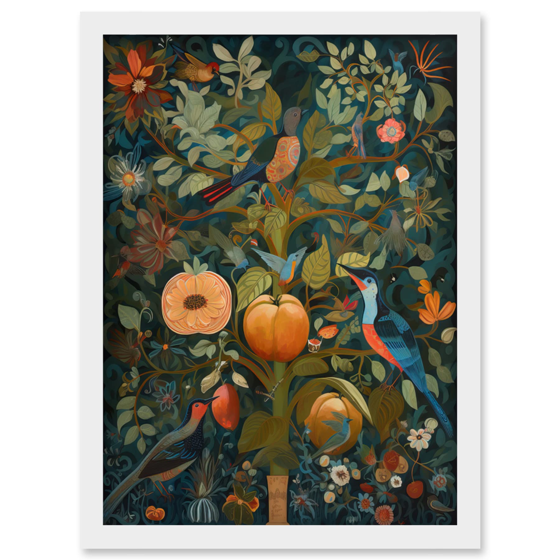 Artery8 Birds on Blooming Peach Tree in Modern Folk Art Artwork Framed Wall Art Print A4