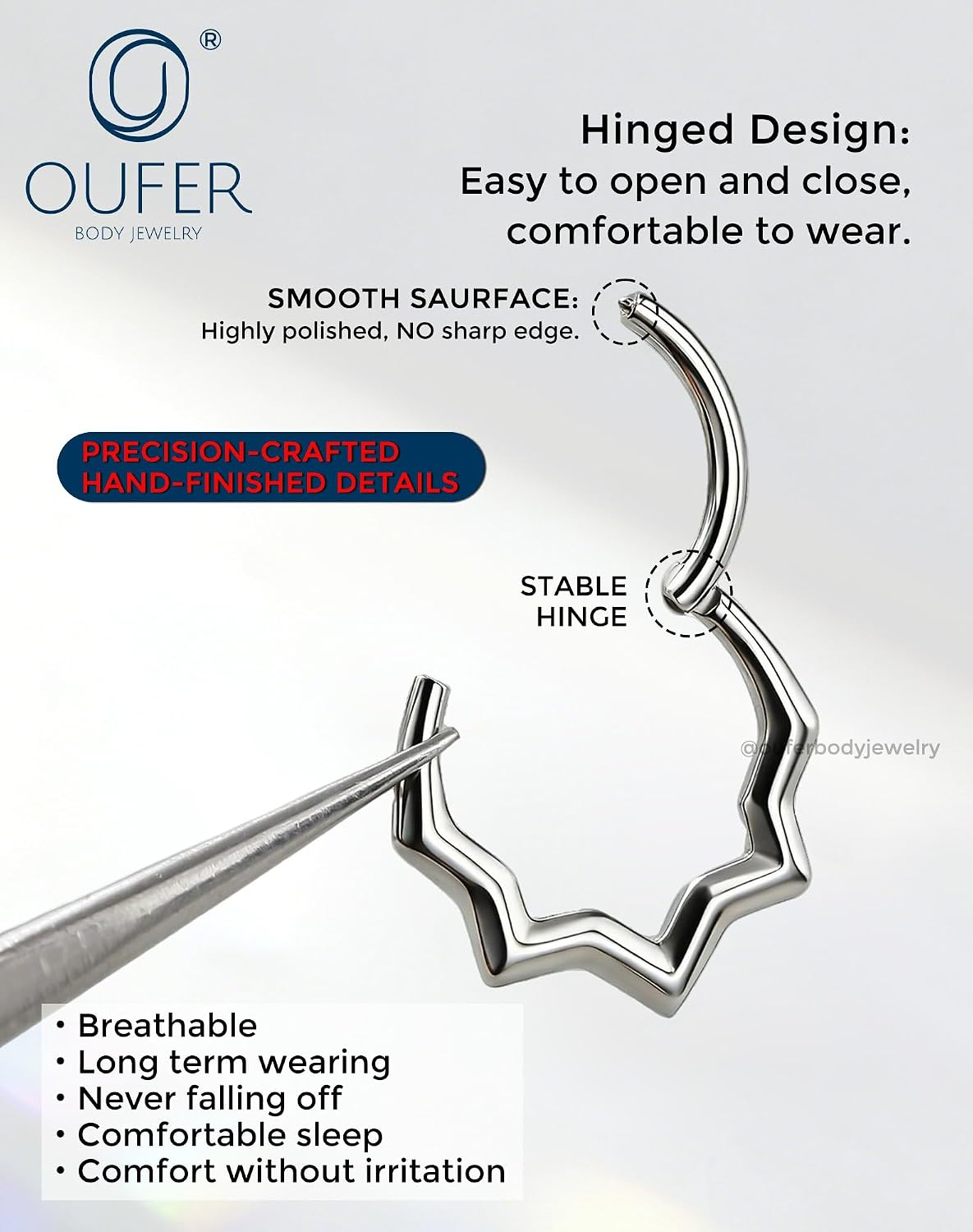 OUFER 16G Hinged Septum Ring, 8mm/10mm Geometric Star Clicker Hoop