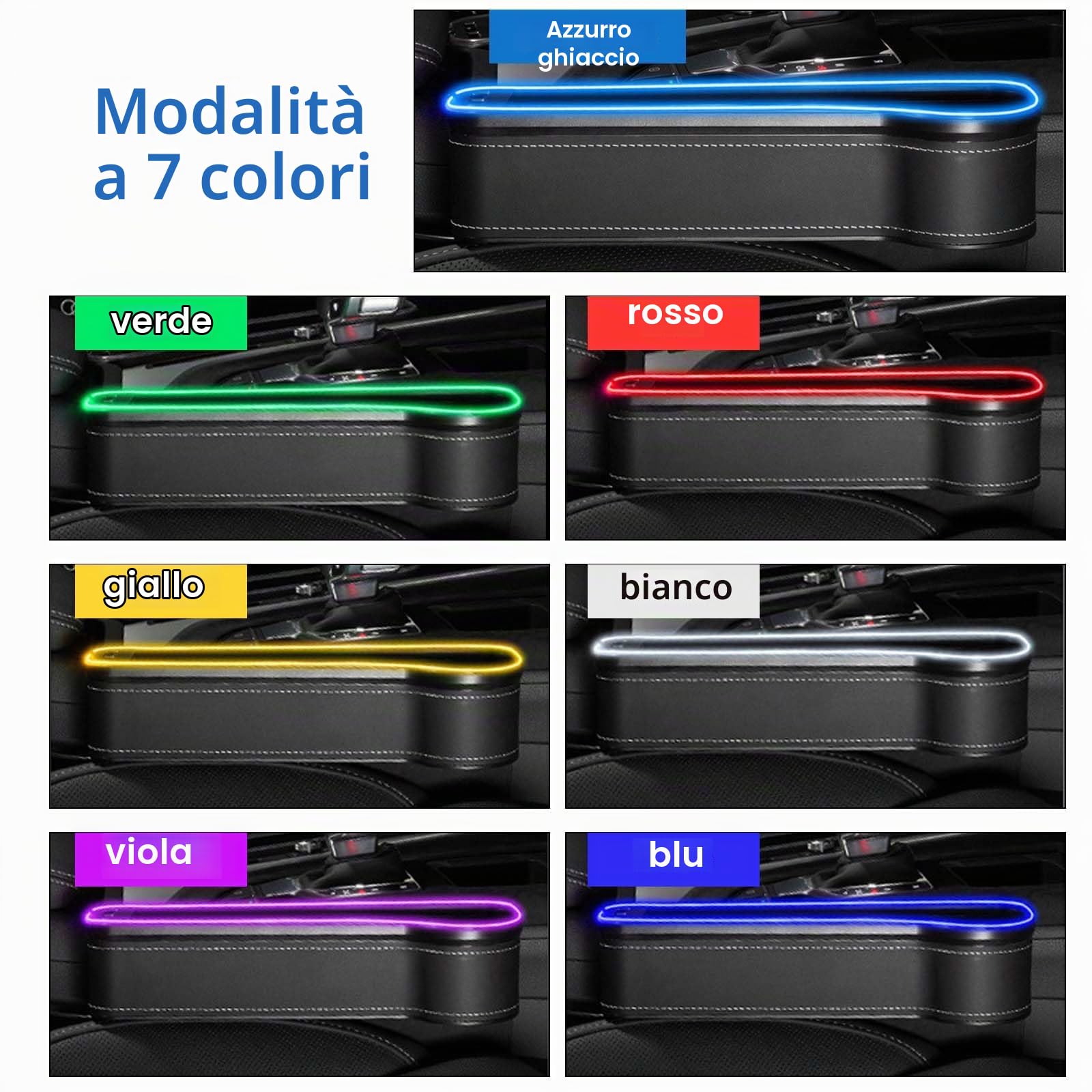 2 Pezzi Scatola Portaoggetti per Seggiolino Auto, Luce Portabicchieri a LED per Auto, Organizer per Auto Sedile Anteriore con Portabicchieri, Porta USB e Luce LED