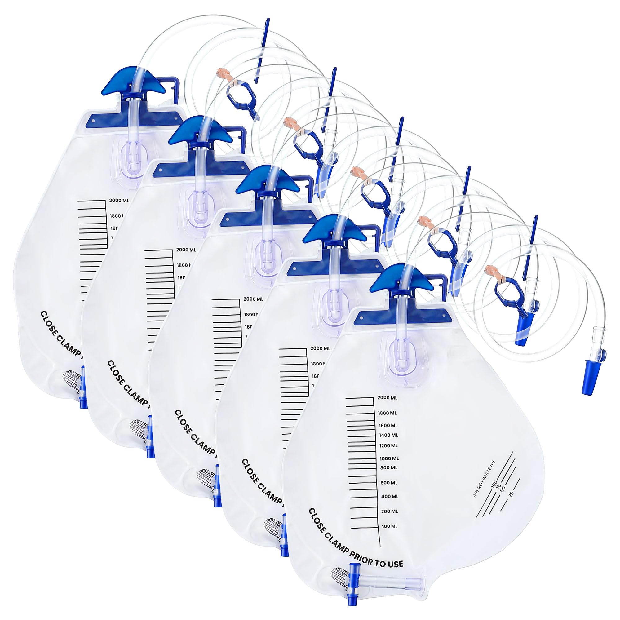 Dunkive 5 Pcs 2000ml Catheter Bags, Urinary Drainage Bag with Anti Reflux Chamber, Hook, Hanging Rope, Sheet Clip, Leakproof Splash Drain Spout Urine
