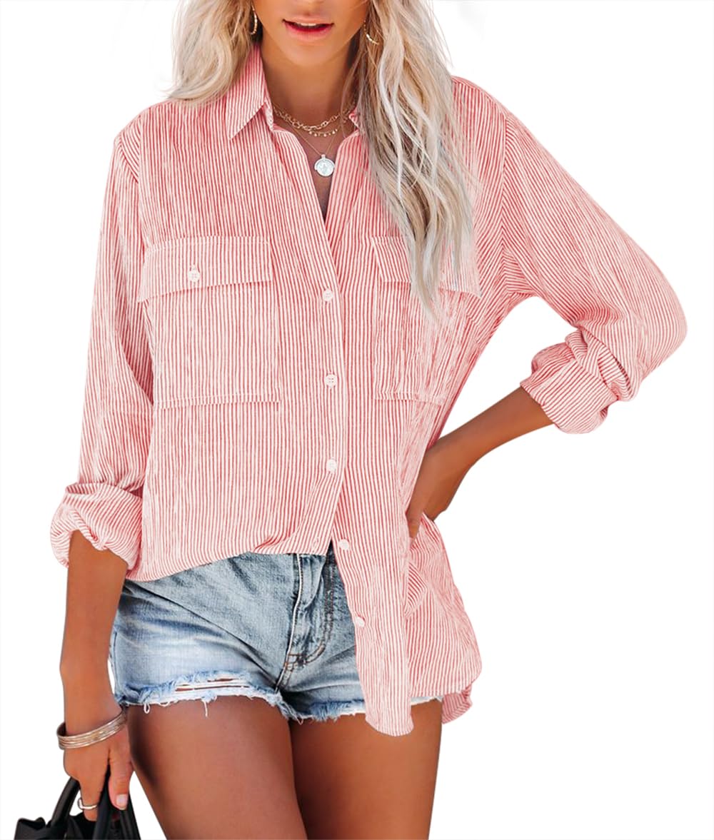 NONSAR Bluse Damen Langarm Streifen Oberteile Casual Gestreiftes Hemd Baumwolle Tunika Langarmshirt Tops Leinenbluse