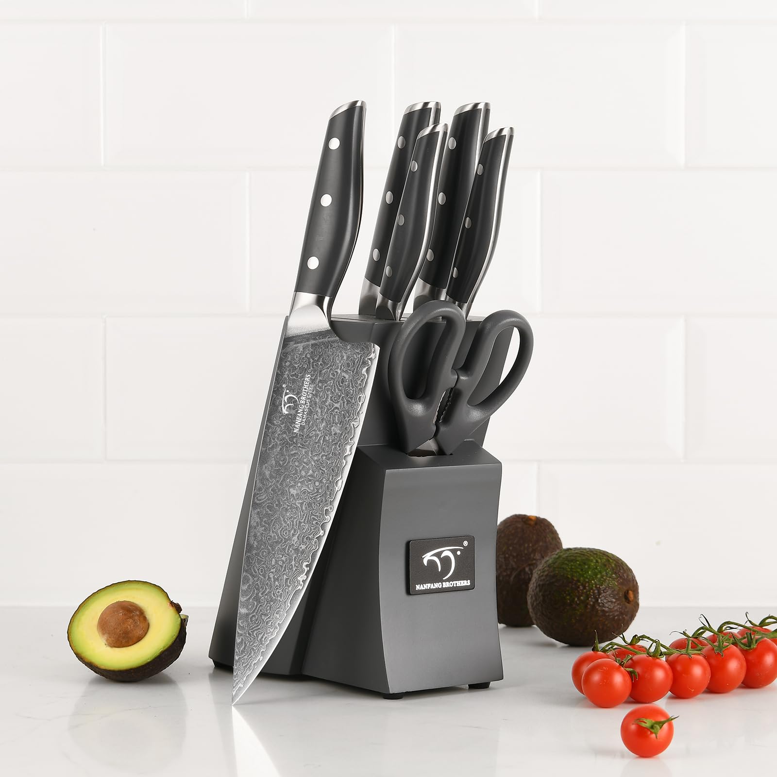 NANFANG BROTHERS Set di coltelli da cucina Damasco 7 pezzi con blocco, manico in ABS antiscivolo, set di coltelli in acciaio inox ultra affilati con blocco, coltello da chef, coltello da pane, ecc