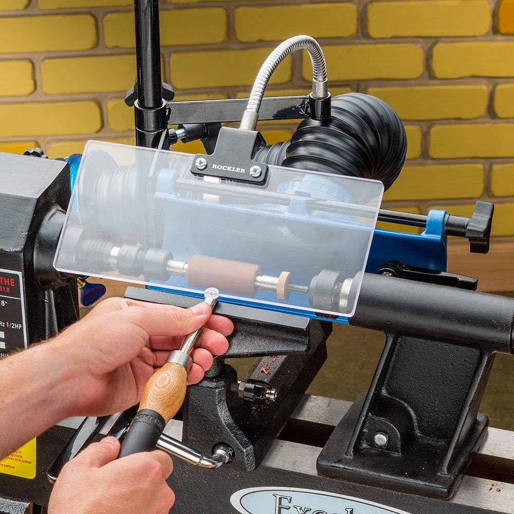 Rockler Dust Right Lathe Chip Deflector - Adjustable Polycarbonate Shield for Wood Lathe Dust Collection System - Attaches to Lathe Dust Hood to Redirect Chips, Reduce Mess & Improve Safety