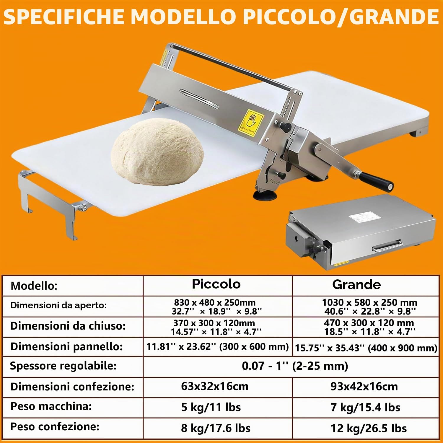 Sfogliatrice Manuale Pieghevole in Acciaio Inox 304, Macchina per Stendere la Pasta con Spessore Regolabile 2–25 mm, Laminatrice per Pasticceria e Cucina Large