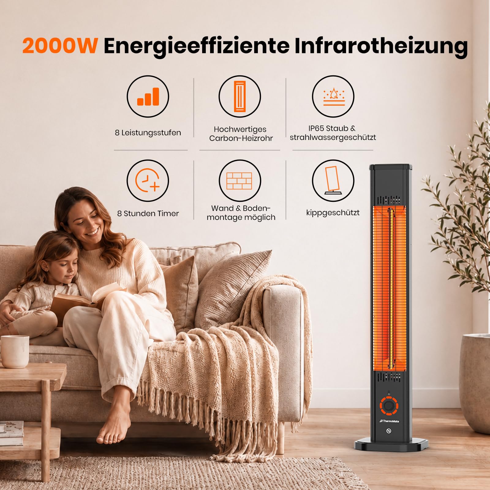 ThermoMate Chauffage Terrasse Infrarouge 2000W - 2 en 1 Sur Pied/Mural