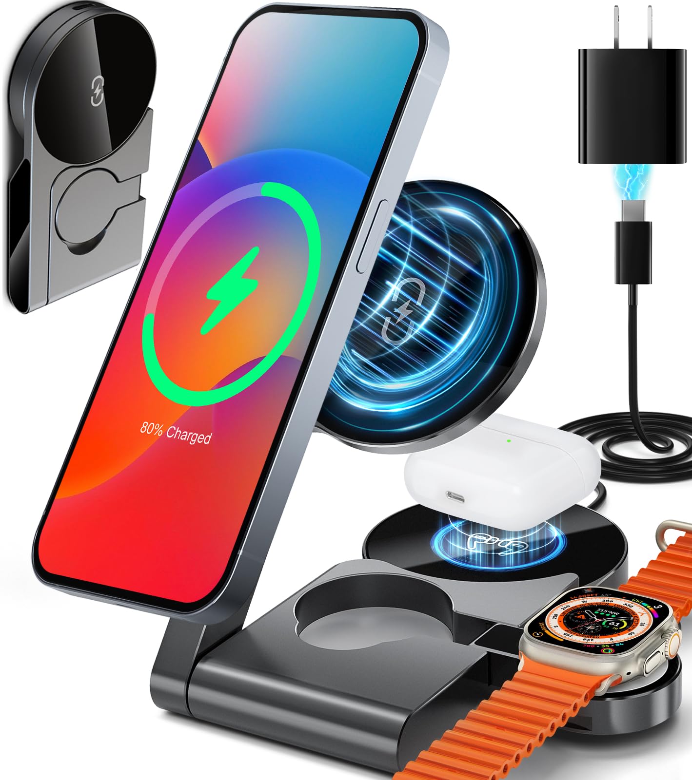 View 1 of ???? 3 in 1 Wireless Charging Station Mag-Safe Fast Charging Station for Apple MagSafe Charger, with USB C Charger, Foldable Charging Magnetic Wireless Charger Stand, Space Aluminum Travel Charger