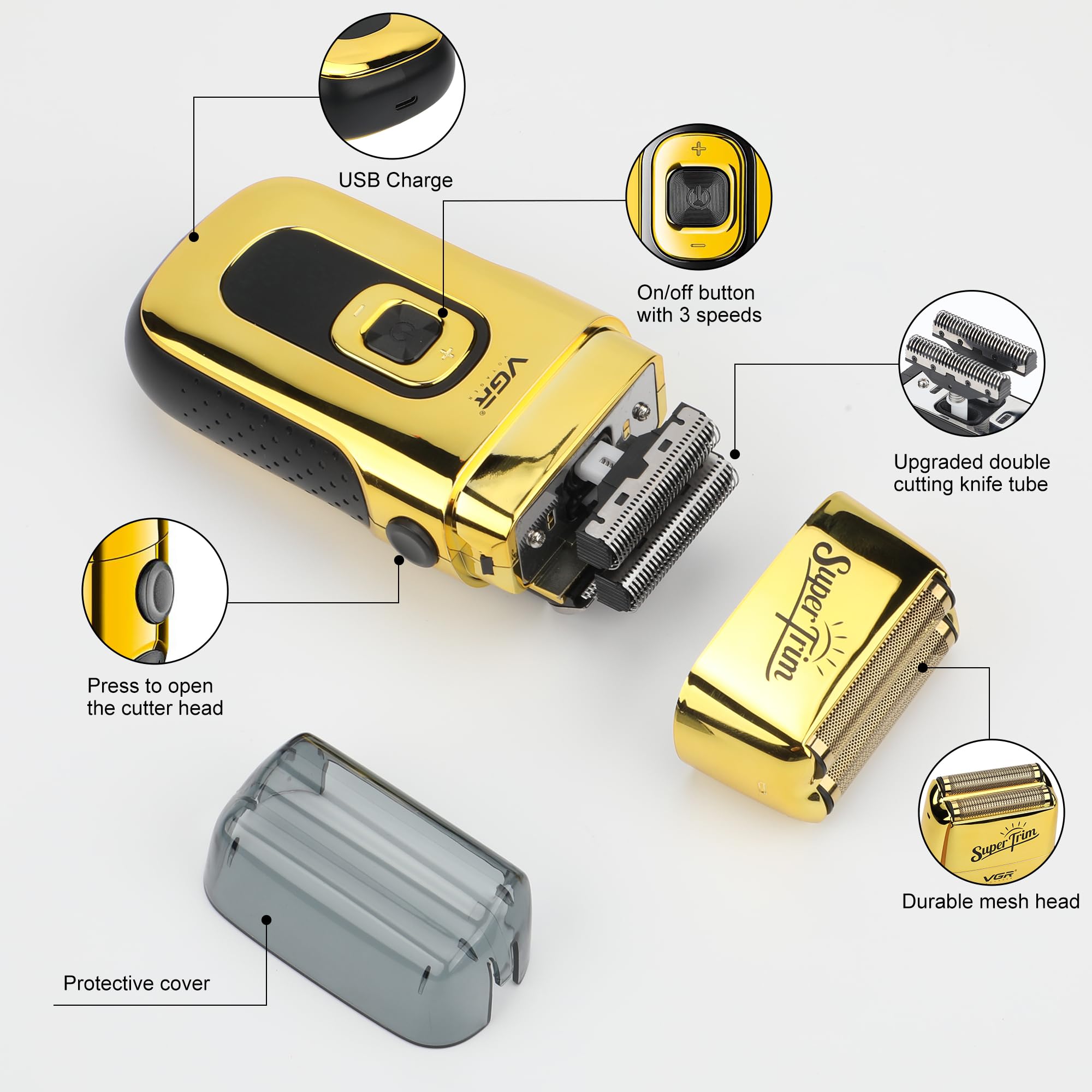 VGR Herren-Elektrorasierer, 7500 U/min 150 Minuten USB aufladbar für Gesicht Bart Hals Glatze und Skin Fade 150 Minuten USB aufladbar