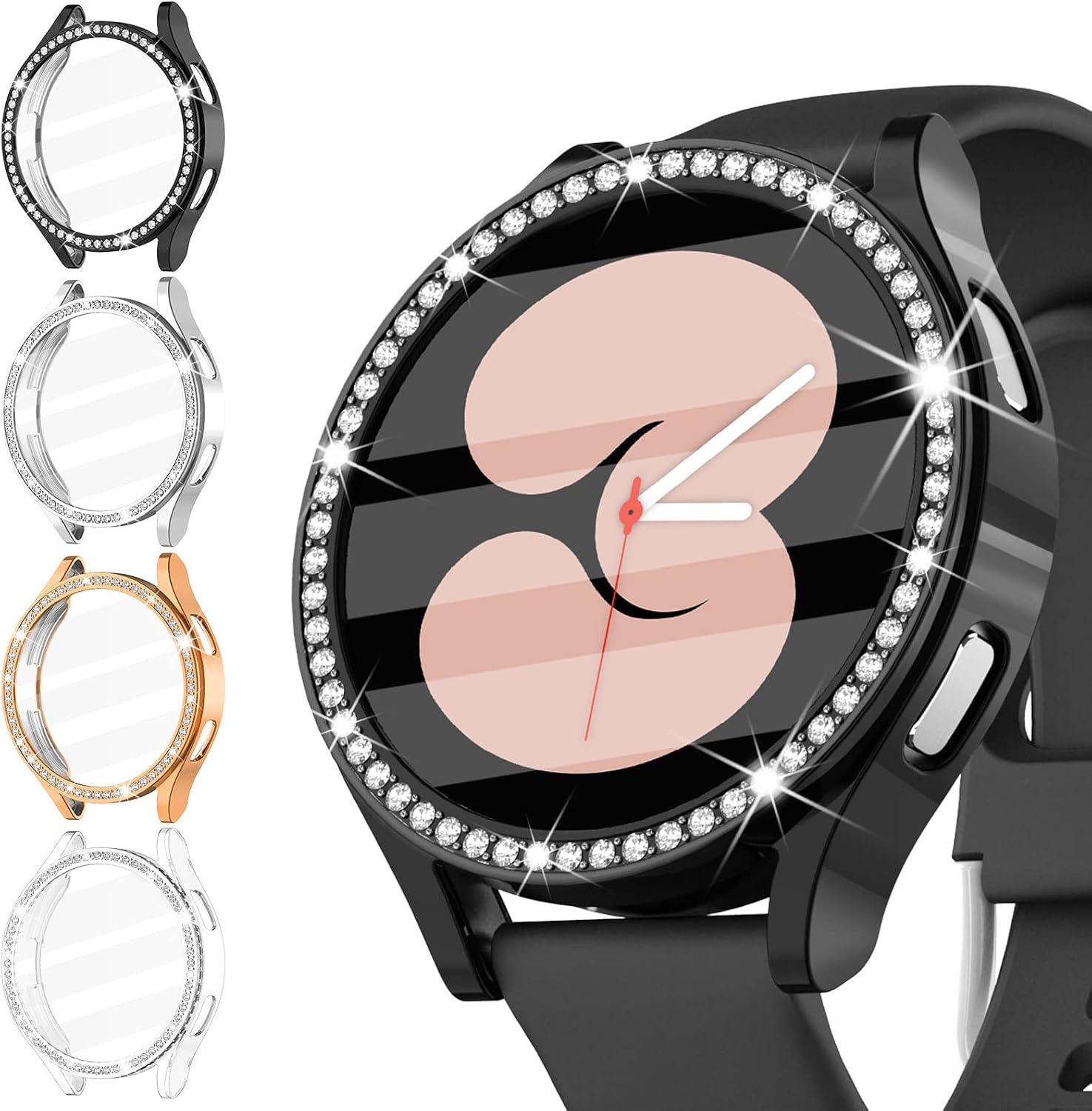 Wingle Soft TPU Case Compatible with Samsung Galaxy Watch 4 Screen Protector Case 44mm,4 Pack Bling Crystal Diamond Protective Cover for Samsung Galaxy Watch 4 44mm, Black/Silver/Rosegold/Clear