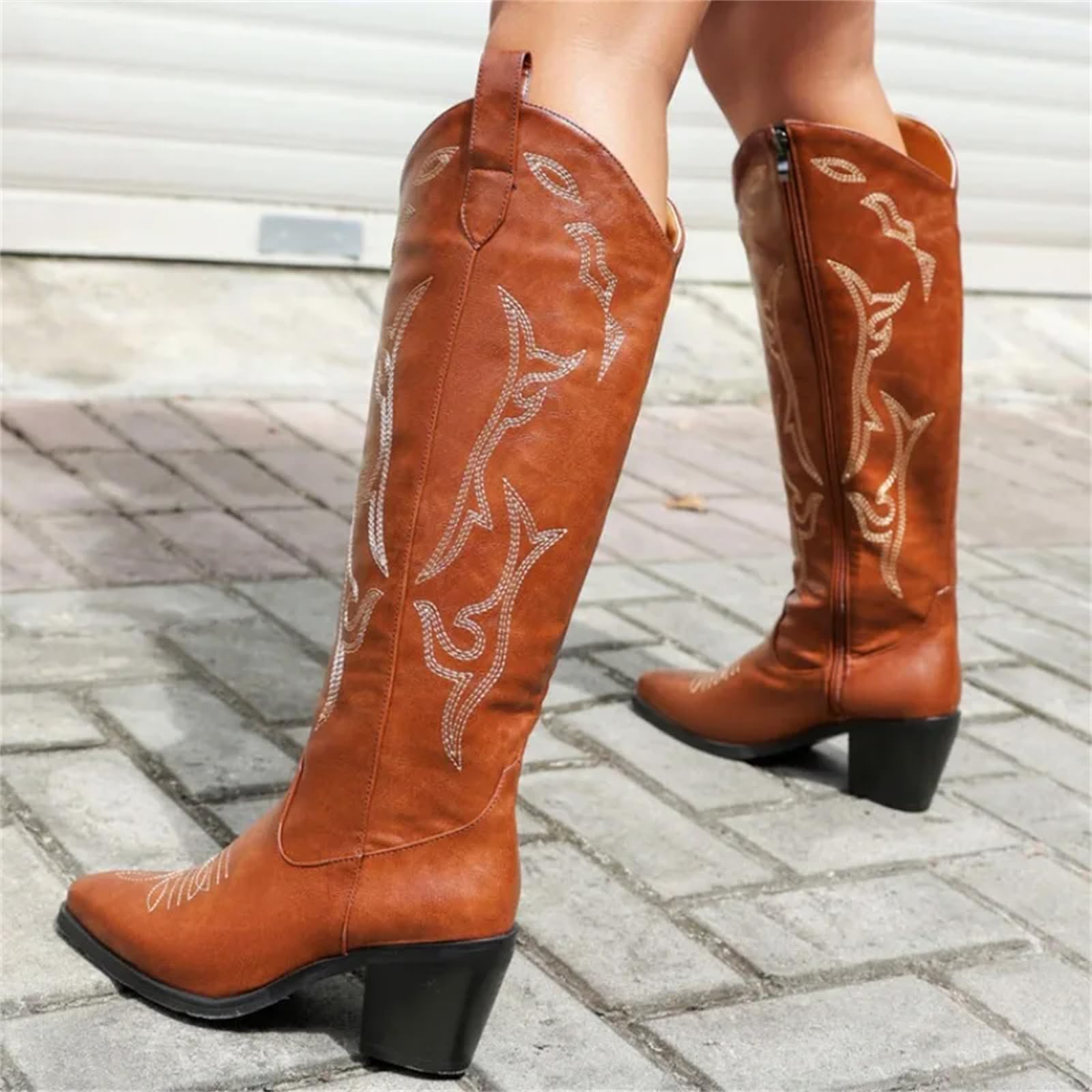 Lmtossey Stivali da cowgirl ricamati per le donne al ginocchio alti tacchi grossi stivali western donna cerniera autunno inverno scarpe