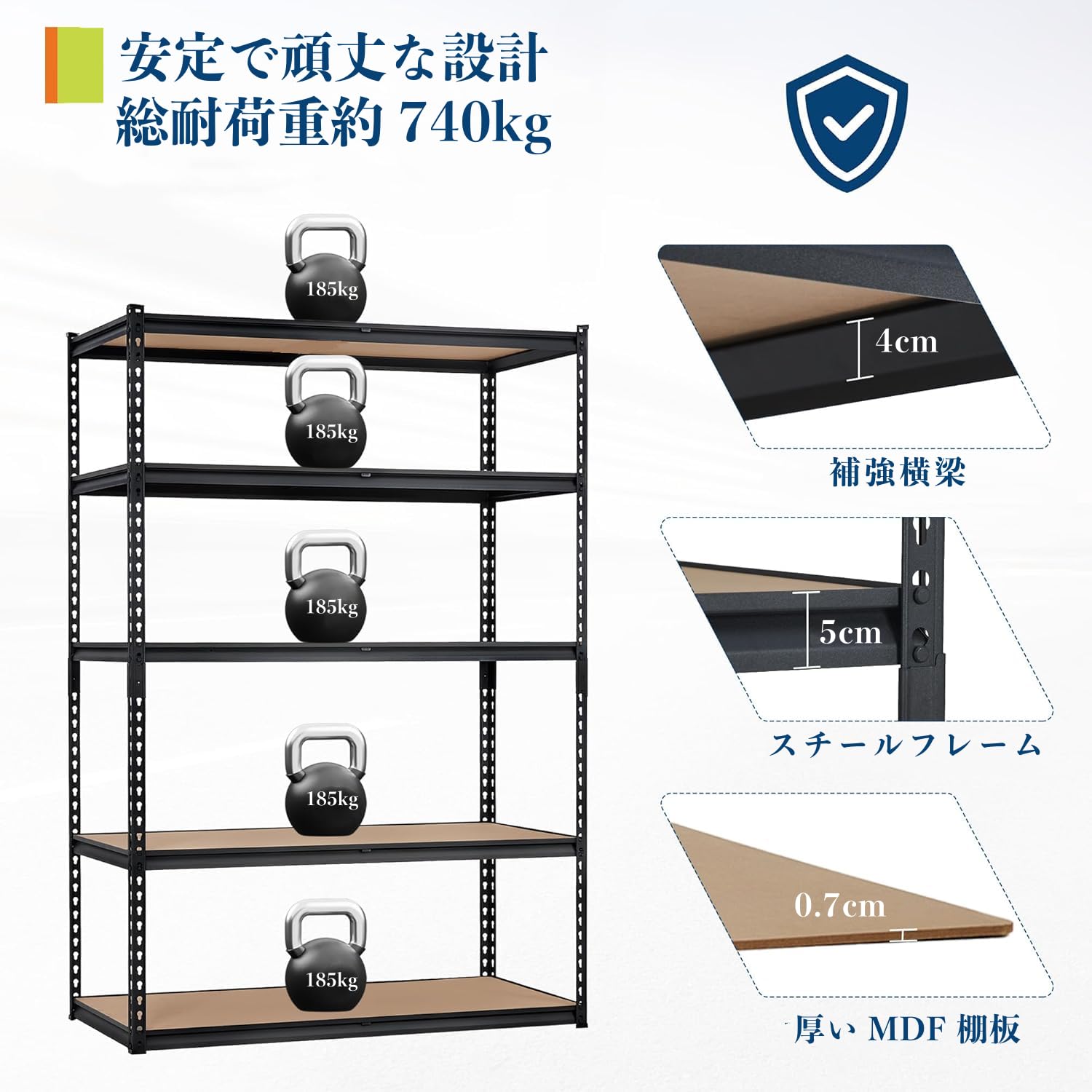 スチールラック 5段 メタルラック 耐荷重740kg 幅75×奥行31×高さ150cm | 高さ調節可能 組立簡単 防錆 頑丈 収納ラック 収納棚 工… — 商品詳細画像 6