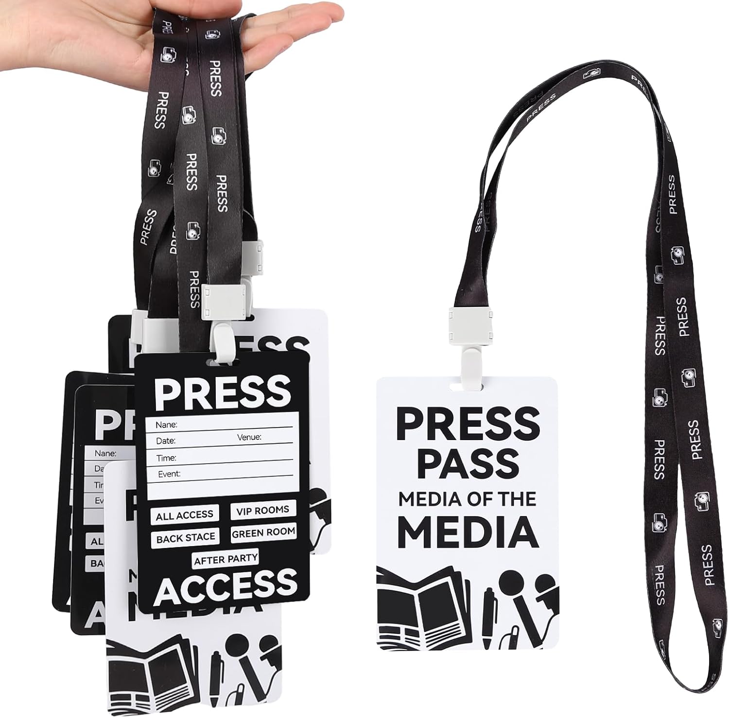 50 Sets Press Pass Media Badge Backstage Pass Lanyard Press Party Pass, Novelty ID Badge Prop Costume Lanyard Label Tag for Music Party, Press Interviews, Events, Birthday Parties, Exhibitions