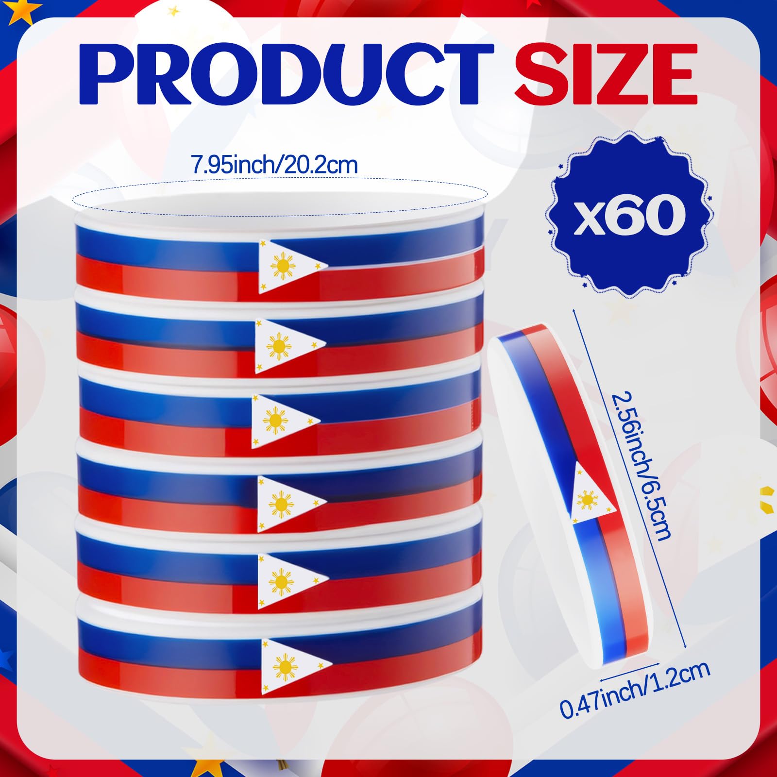 Halloscume 60 Pcs Philippine Souvenirs Filipinos Country Flag Rubber Bracelets, National Flag Silicone Bracelet, Rubber Wristbands Patriotic Decorations Gift