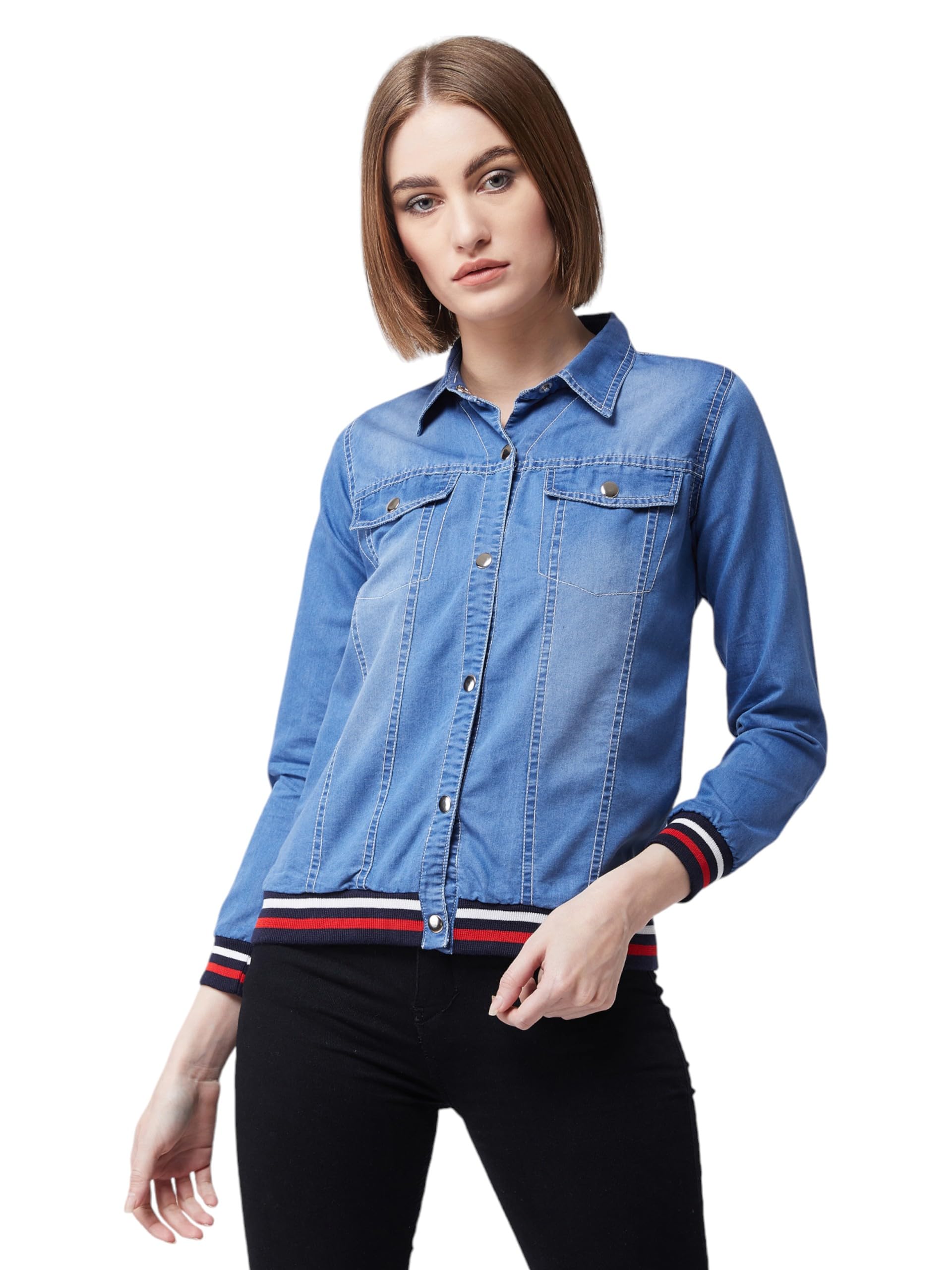 miss chase Women's Blue Polo Neck Full Sleeves Solid Buttoned Rib Detailing Denim Bomber Jacket-picture-11