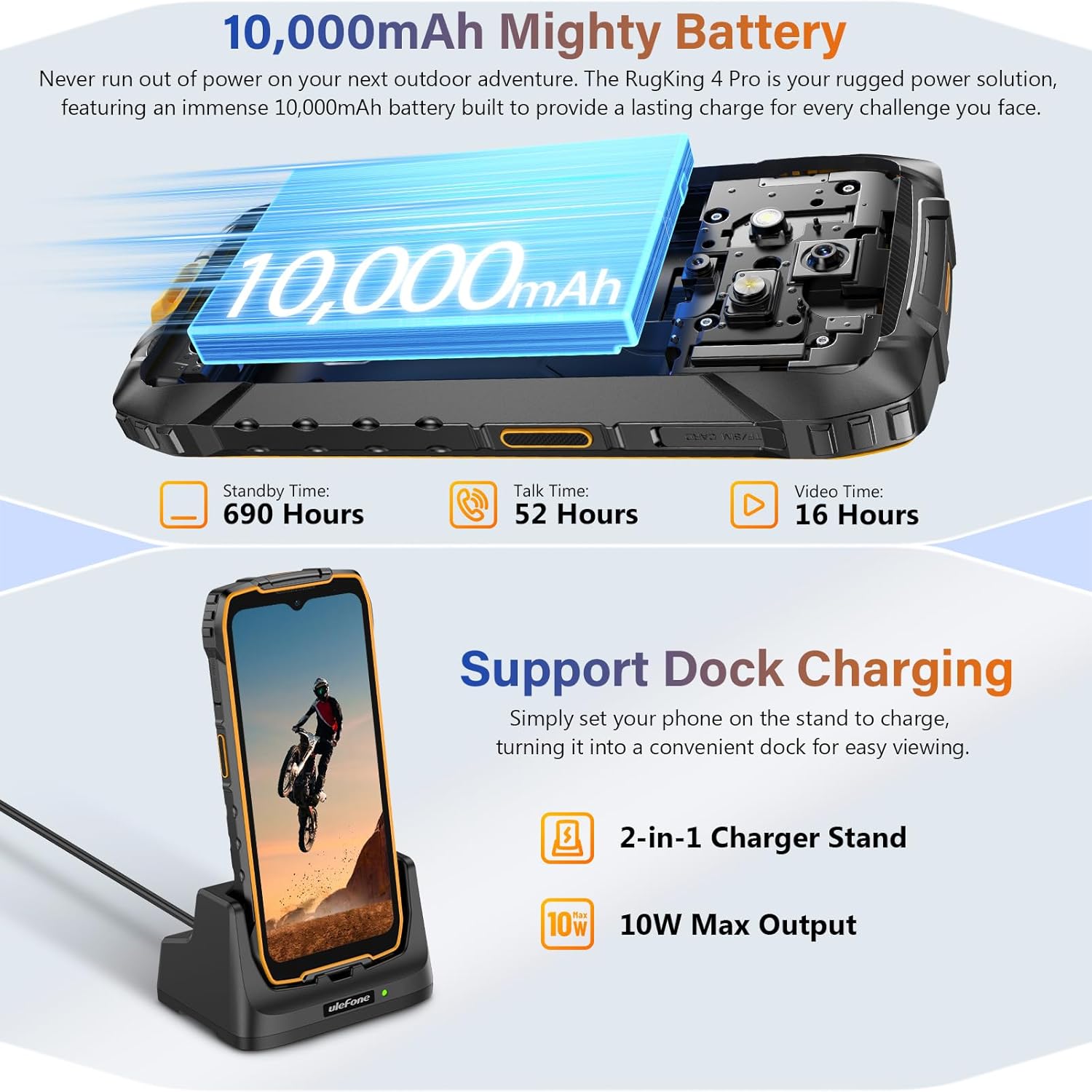 Ulefone RugKing 4 Pro Android 15 Rugged Phone, 16GB+256GB 10000mAh Battery 6.56" 120Hz Display Tough Smarthone, 48MP Main Camera, Built-in Glare Flashlight, NFC/ 4G Dual SIM/Widevine L1 - Orange