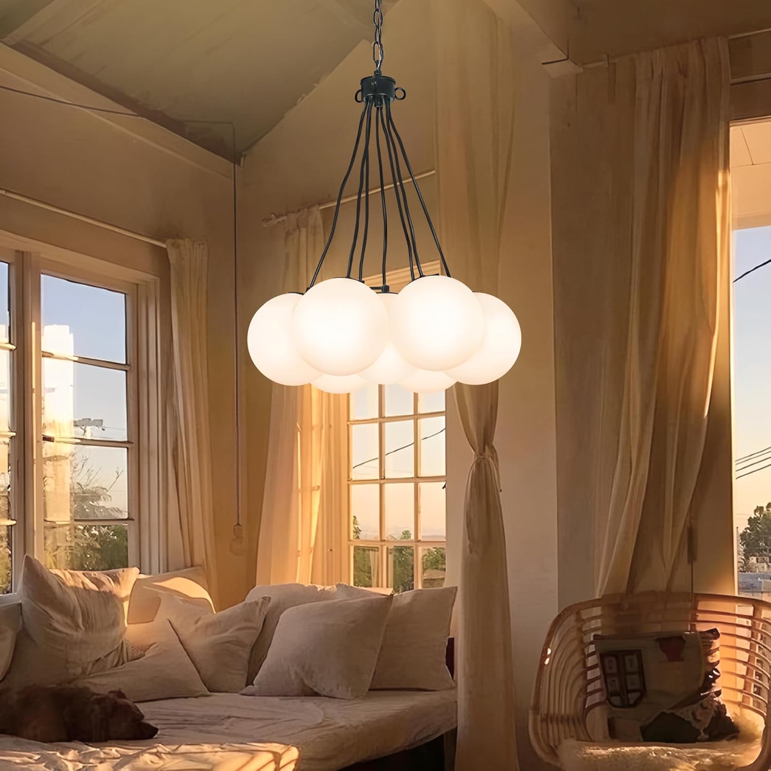 7-Light Milk Glass Globe Chandelier Black Ball Chandeliers for Dining Room Mid-Century Modern Chandelier with White Glass Shades for Dining Room Living Room Bedroom Foyer Kitchen Island