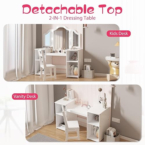 Miniatura 5 de Mesa de tocador para niños, juego de escritorio y silla de maquillaje de princesa, espejo desmontable de tres pliegues, estantes de almacenamiento