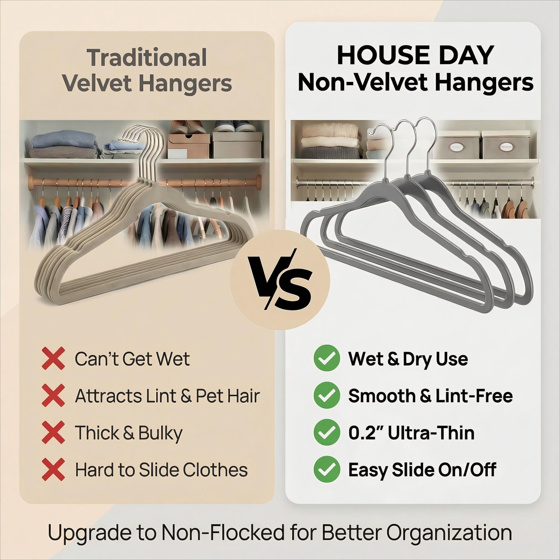 HOUSE DAY Graue Kunststoff-Kleiderbügel, 50 Stück, robust, nicht samtig, mit 360° drehbarem Haken und rutschfesten Kerben, schmal, platzsparend, langlebig, Schrank-Organizer für Mäntel, Hemden