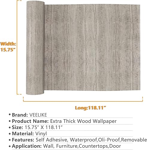 Miniatura 10 de VEELIKE Papel de contacto de madera gris para despegar y pegar de madera, papel tapiz de espiga de 15.7 x 354 pulgadas, papel tapiz extraíble