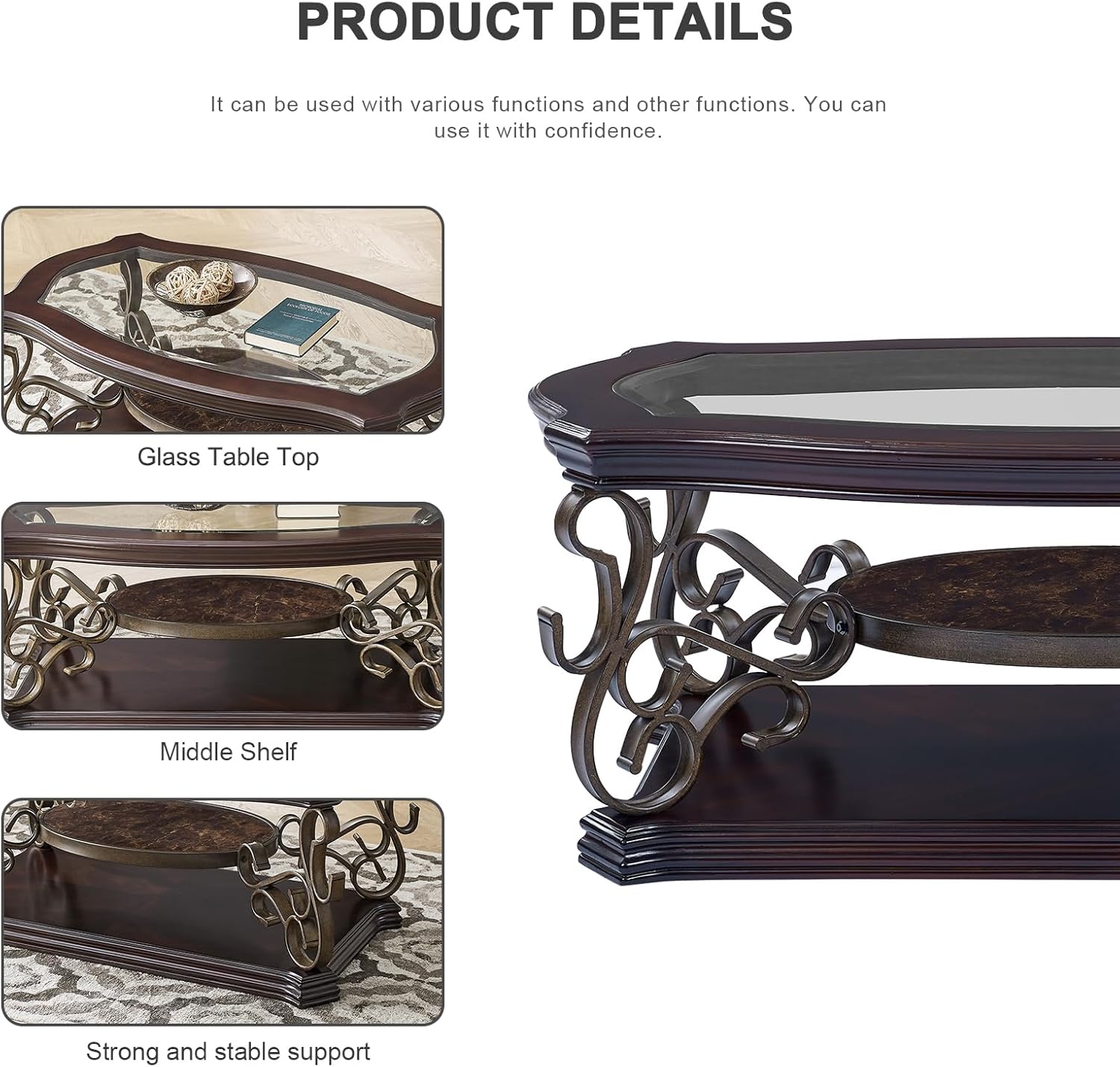 HMFULE 52'' Dark Brown Retro Wooden Coffee Table with Glass Top for Living Room Dining Room Bedroom Office(Brown)