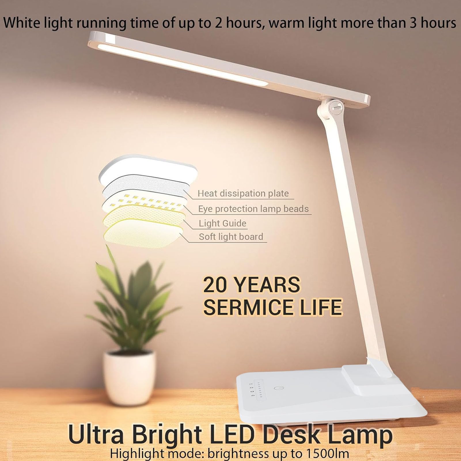 Lampada da Scrivania a LED Ricaricabile Lampada per la Cura degli Occhi Dimmerabile a Batteria Senza Fili con Controllo Tattile per Studio, Camera da Letto, Ufficio Domestico, Materiale ABS