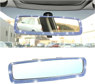 Osilly Bling Car Rearview Mirror, Decorations Rear View Mirror with Crystal Rhinestones & Diamonds, Car Interior Trim Accessories, Clip-on & HD Glass, Sparkly Gift for Mother Women Girls Blue
