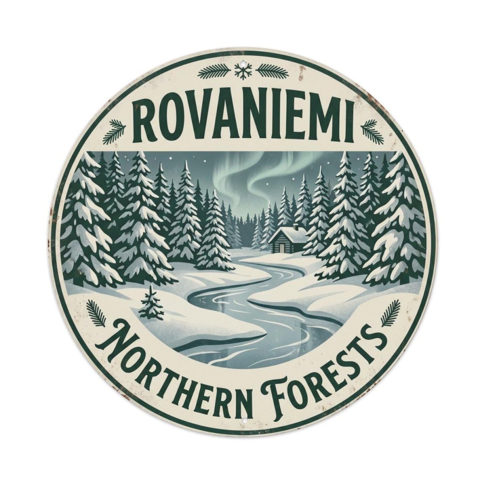 Vintage Travel Rovaniemi Forest Wilderness Metal Tin Sign Plaque Wall Decor for Cafe, Club Bar, Office, Home Garden Round Metal Poster 8x8Inch