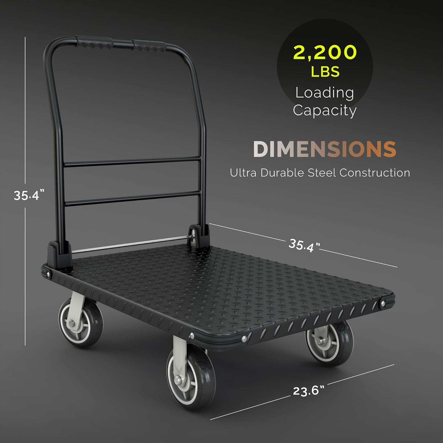 2200 lbs. Capacity Foldable Push Cart Dolly | Moving Platform Hand Truck | Heavy Duty Space Saving Collapsible | Swivel Flat Bed Wagon - Furniture Luggage Lifting