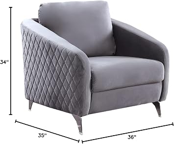 Lilola Home Sofia 36 W Gray Velvet Accent Chair with Silver Legs Tufted Modern Armchair for Living Room, Bedroom, or Reading Nook