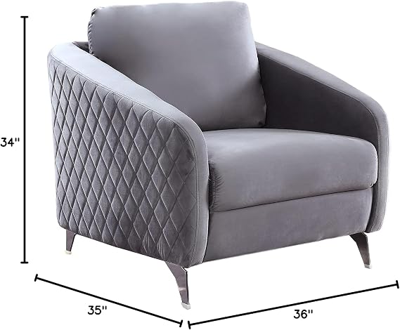 Lilola Home Sofia 36 W Gray Velvet Accent Chair with Silver Legs Tufted Modern Armchair for Living Room, Bedroom, or Reading Nook