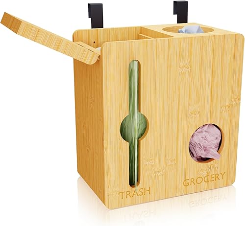 Miniatura 1 de Giklux Soporte de rollo dispensador de bolsas de basura gruesa, soporte para bolsas de bambú, organizador de montaje en pared, para bolsas de basura